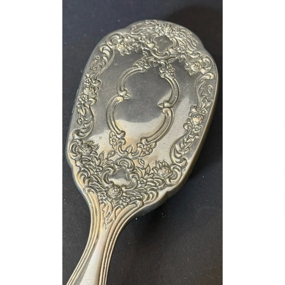 Vintage Vanity Set of 3 Repousse Floral Silver Tone Mirror, Brush & Comb EUC